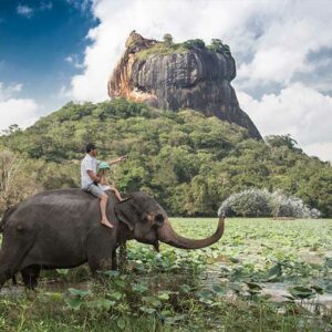 Man and child riding on the back of elephant with rock of Sigiriya as backdrop